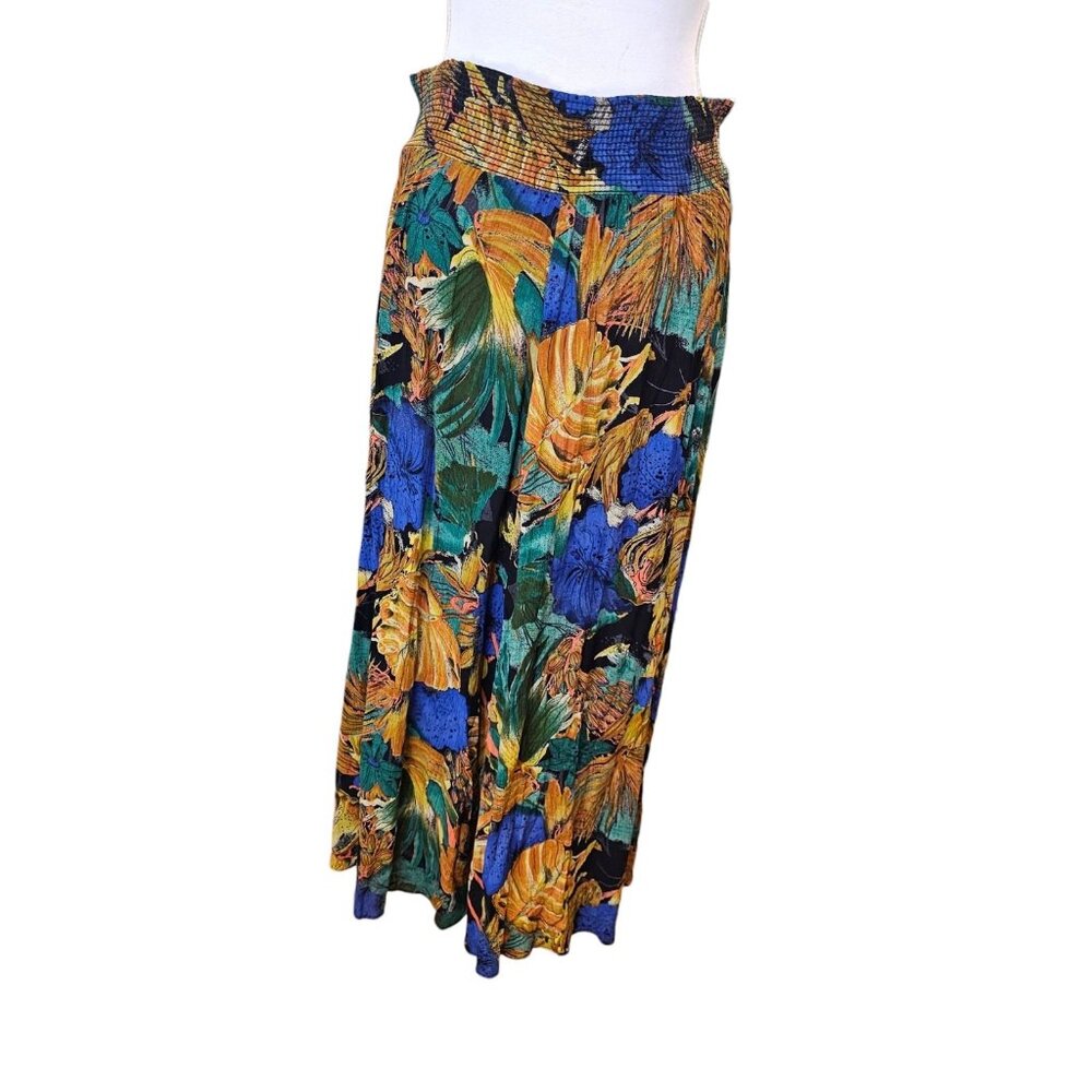VTG Broomstick Maxi Skirt Tropical Floral‎ Leaf Print Pullon Sz L Blue Orange